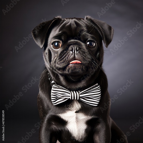 A Dapper Canine Companion: The Stylish Black Pug in a Bow Tie. A black pug dog wearing a bow tie