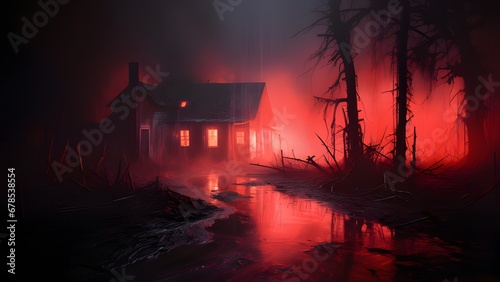 Faded Shadows and Neon Hues: Haunted House in Red Glow with Mystical Mist and Sandpainting