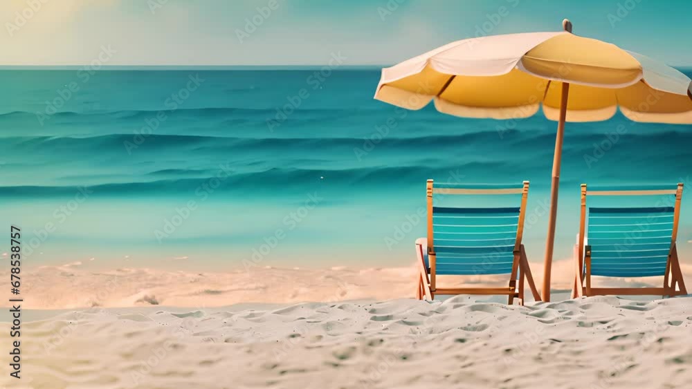 Sunny calm ocean sandy coast background with beach chair and big umbrella. Sea shore resort outdoor. AI generative.