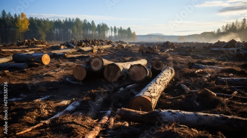 Logs of wood from illegal plantations are scattered on the wet ground. Illegal logging at forest. Concept of ecology, environment, global warming.