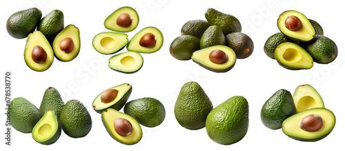 Green avocado avocados, many angles and view side top front sliced halved bunch cut isolated on transparent background cutout, PNG file. Mockup template for artwork graphic design photo