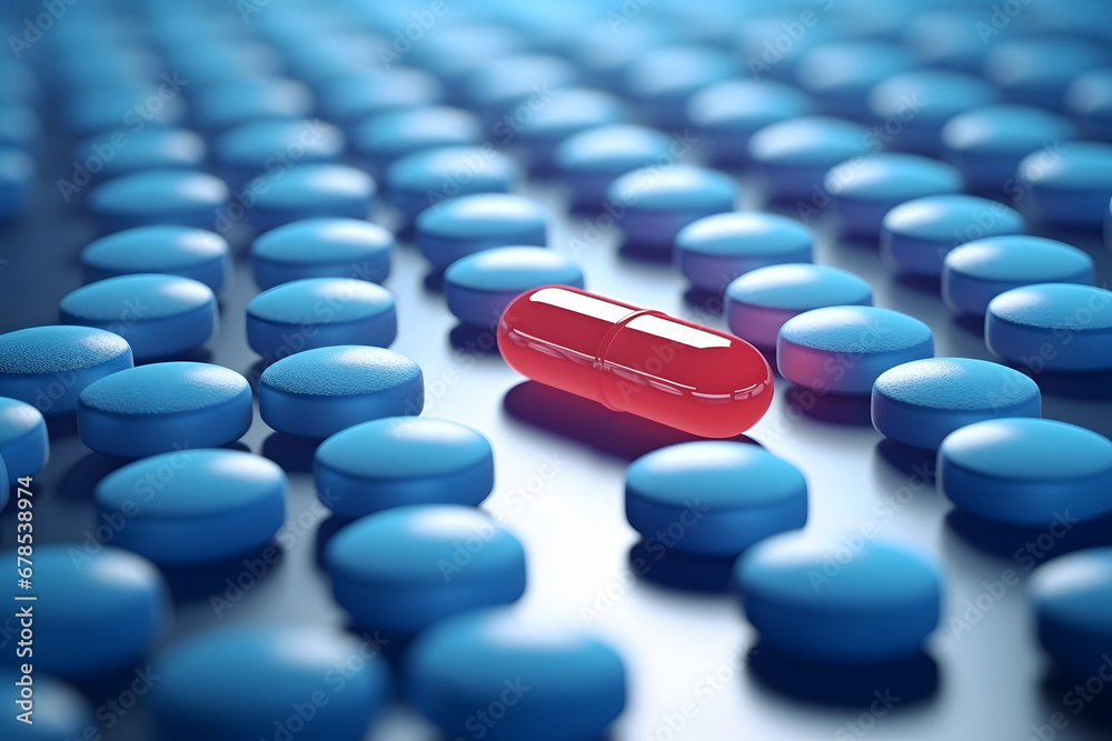 Pastillas azules en hilera con una pildora roja, medicamento