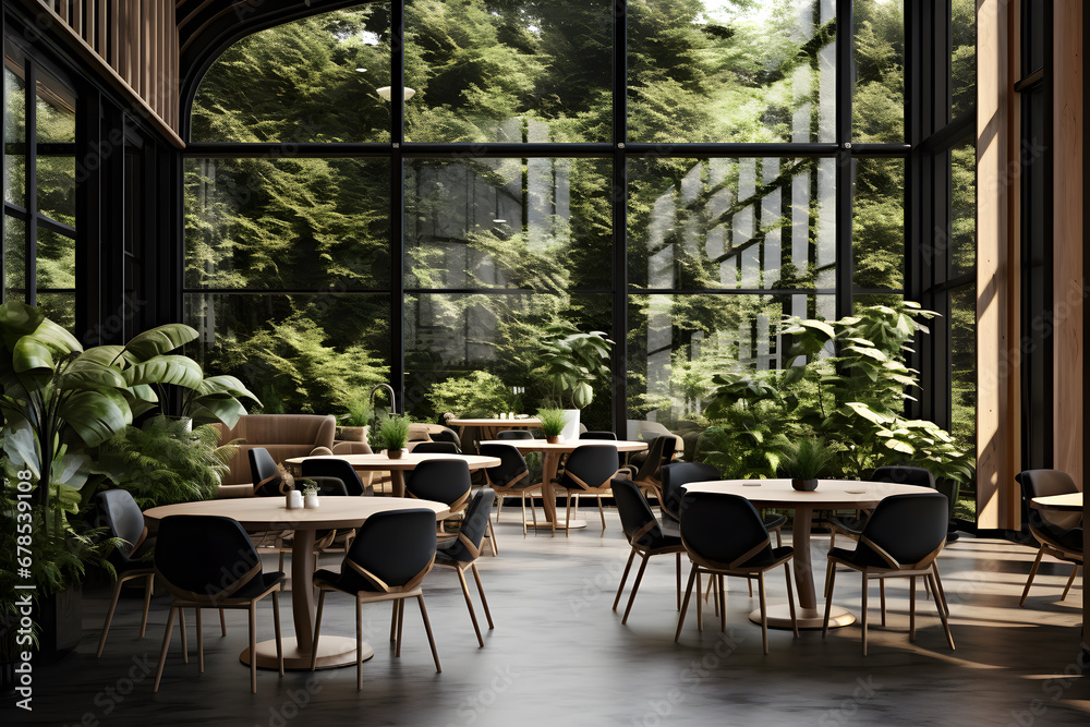 Modern cafe interior framed by big windows, table chairs and plants, modern minimalist
