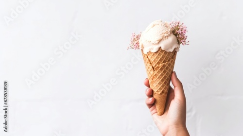 Hand holding ice cream cone flower isolated on white background. Mock up template product presentation. Copy text space.