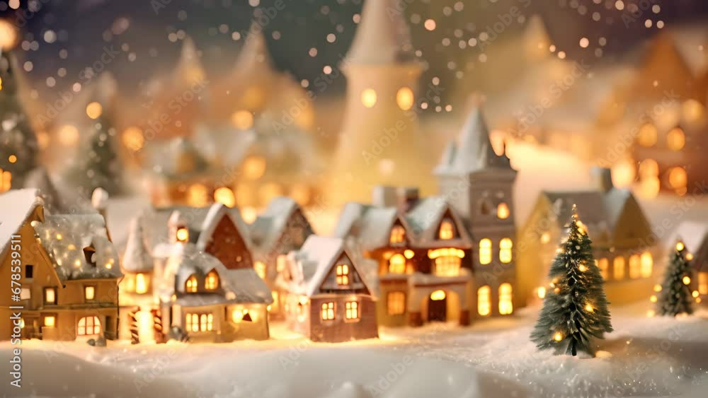 Miniature Christmas village houses and snowfall. Ai generated. Miniature Christmas village houses and snowfall. Ai generated.