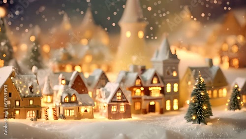 Miniature Christmas village houses and snowfall. Ai generated.