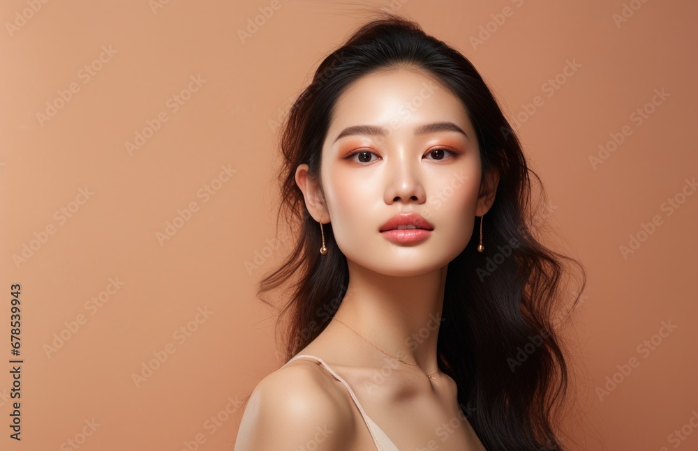 Fototapeta premium Portrait of a pretty woman of Asian appearance. Makeup luxury charm pastel beige background. Healthy face skin care beauty, skincare cosmetics, dental.