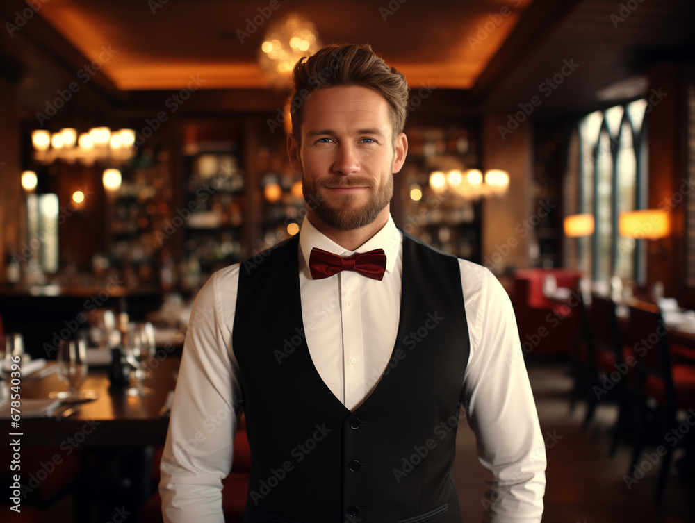 Fototapeta premium successful restaurant manager. Young restaurant manager smiling happily. Restaurant manager welcoming guests comfortably. Generative AI