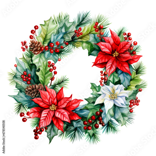 Watercolor Christmas Wreath Clipart isolated on Transparency Background 