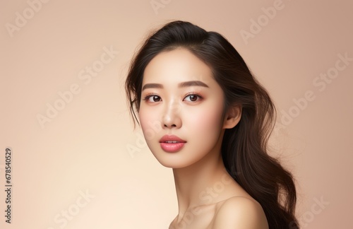 Portrait of a pretty woman of Asian appearance. Makeup luxury charm pastel beige background. Healthy face skin care beauty, skincare cosmetics, dental.