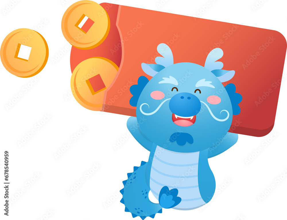 Playful and cute dragon character or mascot with red paper bag and gold coins, Chinese mythological animal, Chinese New Year vector cartoon character Playful and cute dragon character or mascot with red paper bag and gold coins, Chinese mythological animal, Chinese New Year vector cartoon character