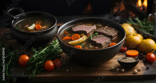 Delicious beef broth with charred vegetables