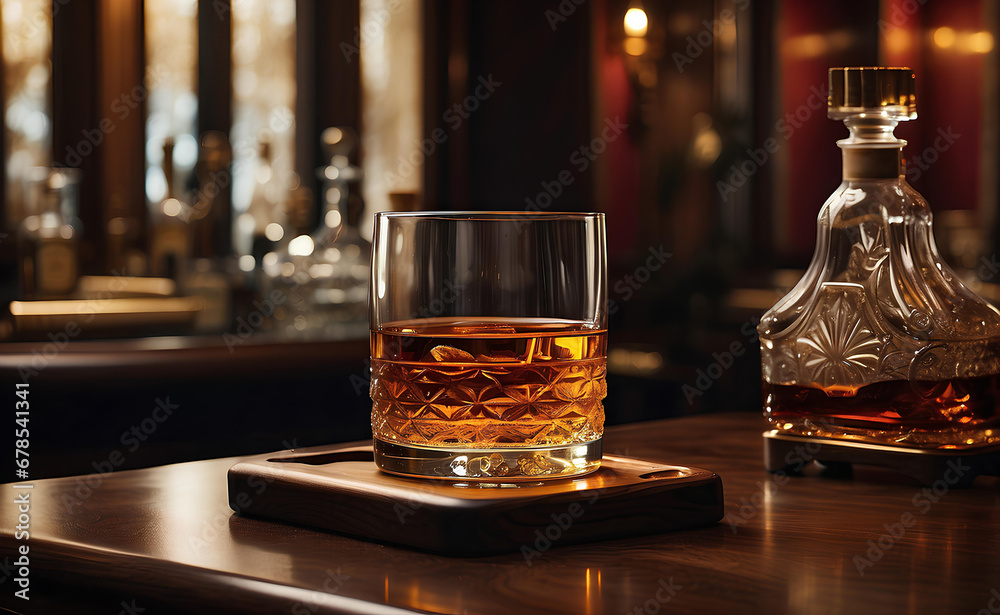 A glass of golden rum and cigar with luxury room background. A glass of golden rum and cigar with luxury room background.