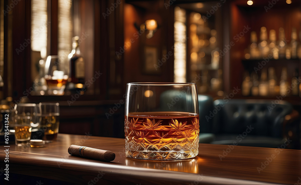 A glass of golden rum and cigar with luxury room background. - obrazy, fototapety, plakaty 