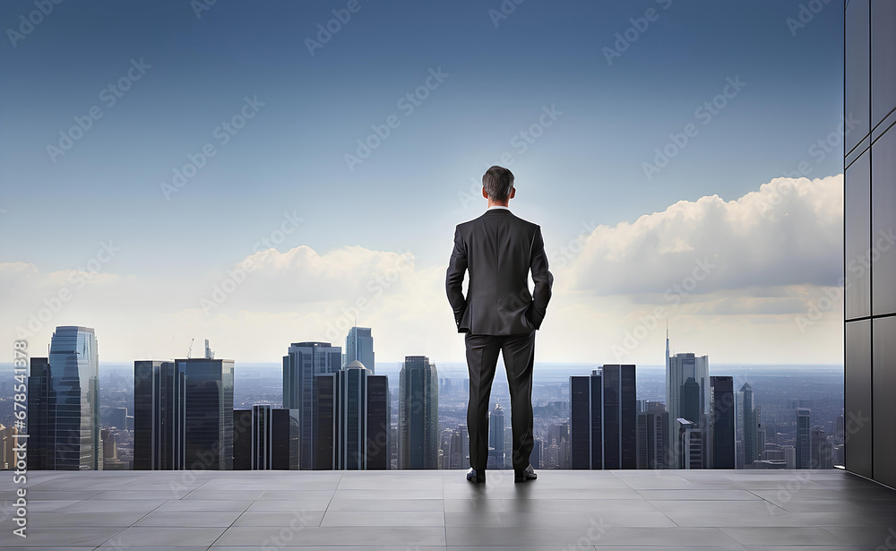 Businessman looking at city from the roof of a modern office building. Businessman looking at city from the roof of a modern office building.