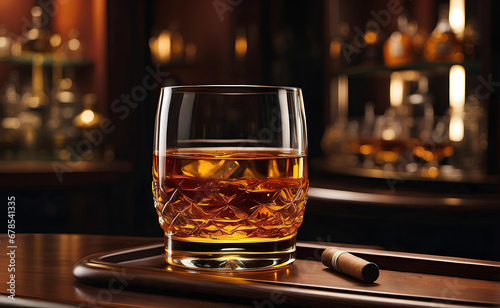 A glass of golden rum and cigar with luxury room background.