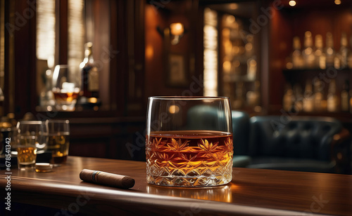 A glass of golden rum and cigar with luxury room background. © Creative_Bringer