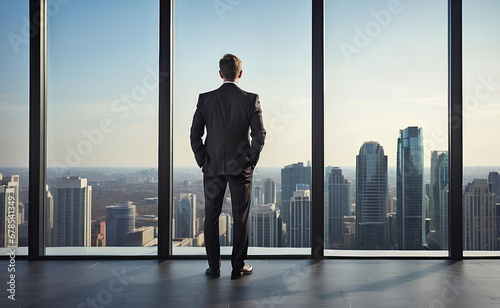Businessman looking at city from the roof of a modern office building.