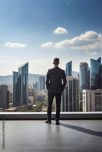 Businessman looking at city from the roof of a modern office building.