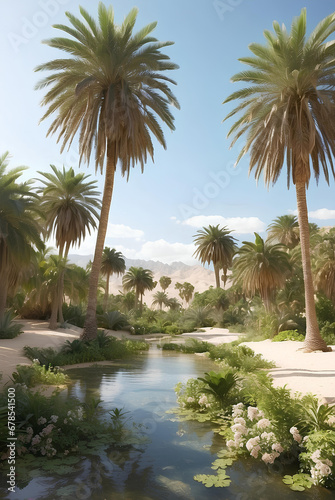 Beautiful oasis with tropical plants in desert. © Creative_Bringer