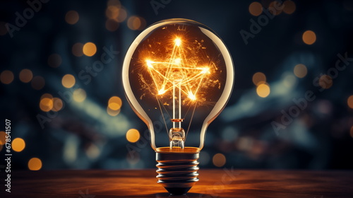 Glowing star points light bulb on wooden table and blurred background with bokeh, concept of ideas and imagination