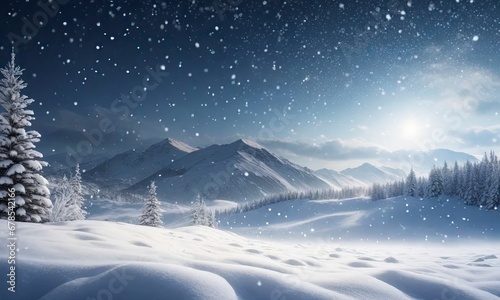Beautiful ultrawide background image of light snowfall falling over of snowdrifts, Generative AI
