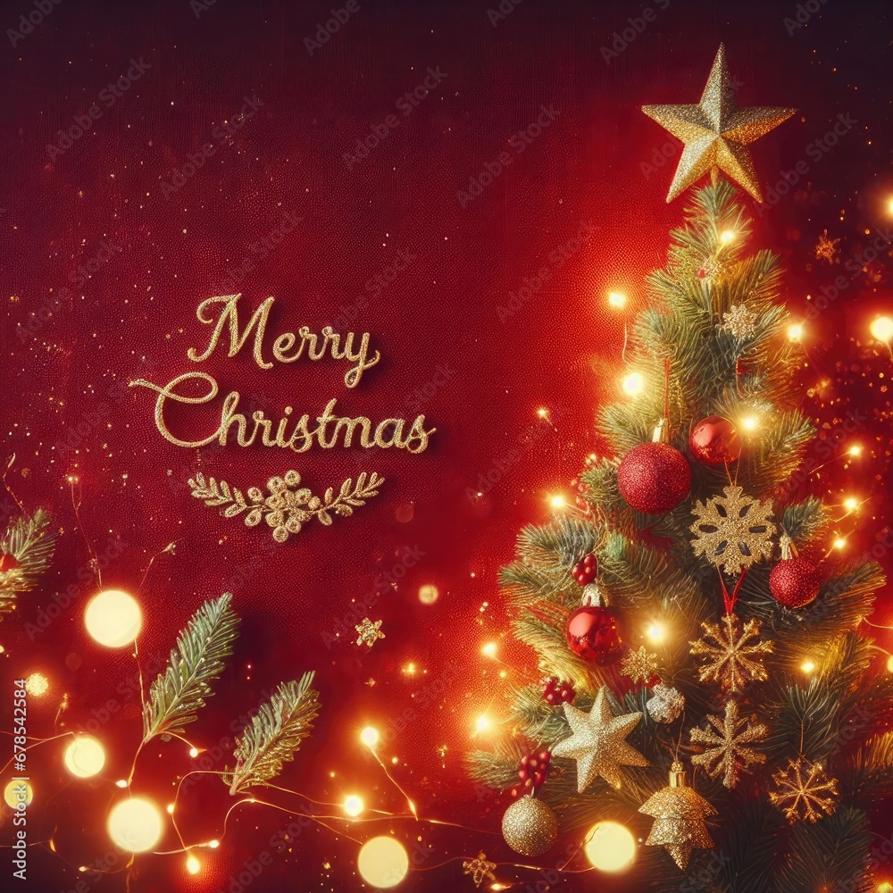 Christmas background with Xmas tree and sparkle bokeh lights on red canvas background. Merry Christmas card. Winter holiday theme. Generative AI Christmas background with Xmas tree and sparkle bokeh lights on red canvas background. Merry Christmas card. Winter holiday theme. Generative AI