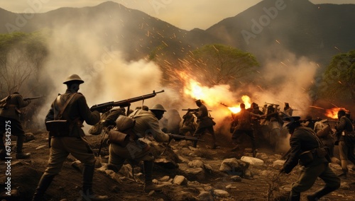 Military, men and war with field fire and danger, gun for target and battlefield