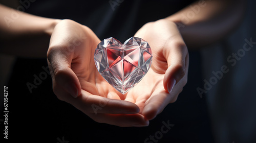 Close-up of female hands holding a diamond in the shape of a heart on a dark background. 