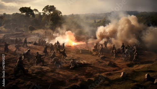 Military, men and war with field fire and danger, gun for target and battlefield