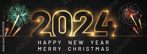 Happy new 2024 year Elegant text with light effect and fireworks.