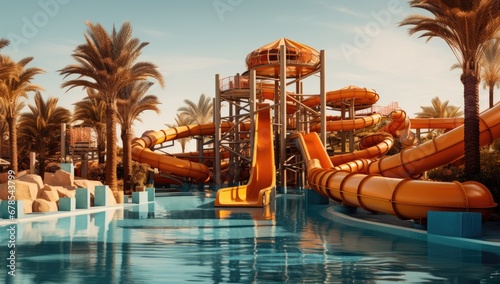 Summer water park, colorful water slides, swimming pools, palm trees.