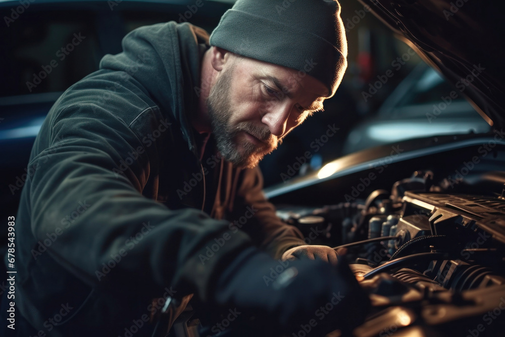 A mechanic in a workshop diagnoses and repairs the engine and car systems. Car repair and diagnostics in the garage. Modern car service. Brutal worker mechanic. A mechanic in a workshop diagnoses and repairs the engine and car systems. Car repair and diagnostics in the garage. Modern car service. Brutal worker mechanic.