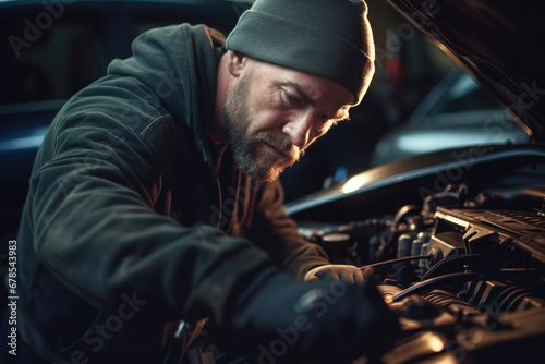 A mechanic in a workshop diagnoses and repairs the engine and car systems. Car repair and diagnostics in the garage. Modern car service. Brutal worker mechanic.