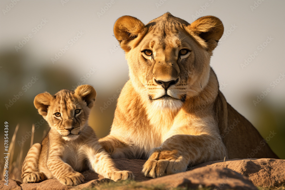 The African mother lion and her little young cub together in the savanna field, wildlife parent's care taking. Generative AI. The African mother lion and her little young cub together in the savanna field, wildlife parent's care taking. Generative AI.