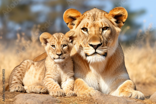 The African mother lion and her little young cub together in the savanna field, wildlife parent's care taking. Generative AI.