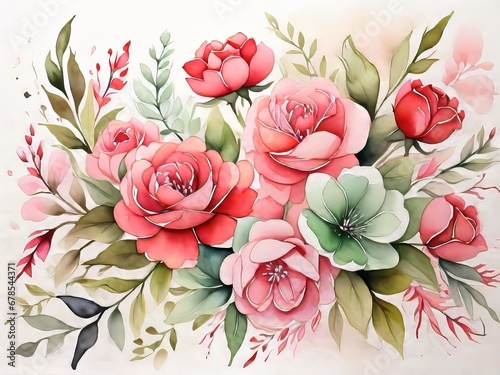 fondo de una pintura de acuarela con flores en tonos rosas, rojos photo