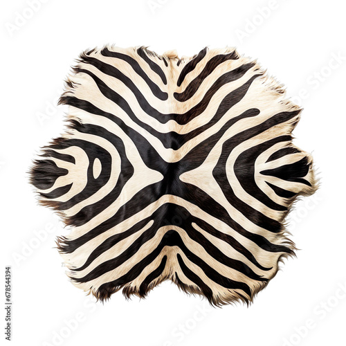  Top view of a zebra fur rug isolated on a white background.