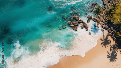 Aerial view of a beautiful island beach at sea with clear turquoise water.Beach holidays pictures Drone views of beach photo