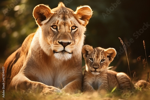 The African mother lion and her little young cub together in the savanna field, wildlife parent's care taking. Generative AI. © Surachetsh
