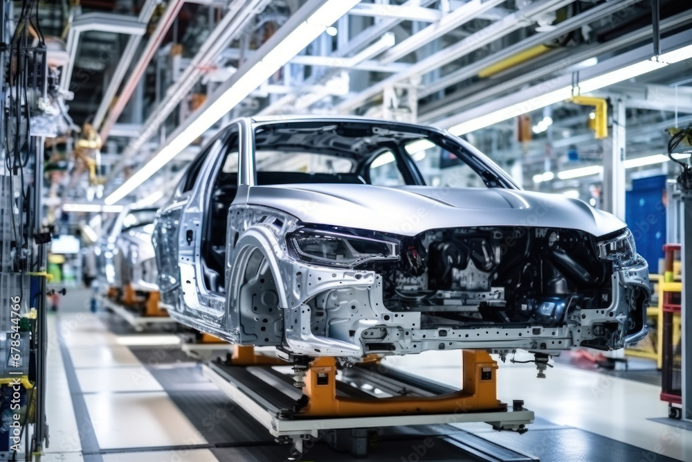 Car production line. Assembling a car on a conveyor belt. Close-up of a car body. Automotive industry Interior of a high-tech factory, modern production.