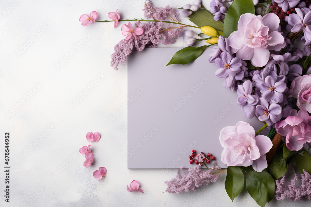Congratulatory background with decor of flowers and a blank sheet of paper. Card for Mother's Day, March 8, birthday. Generative AI Congratulatory background with decor of flowers and a blank sheet of paper. Card for Mother's Day, March 8, birthday. Generative AI