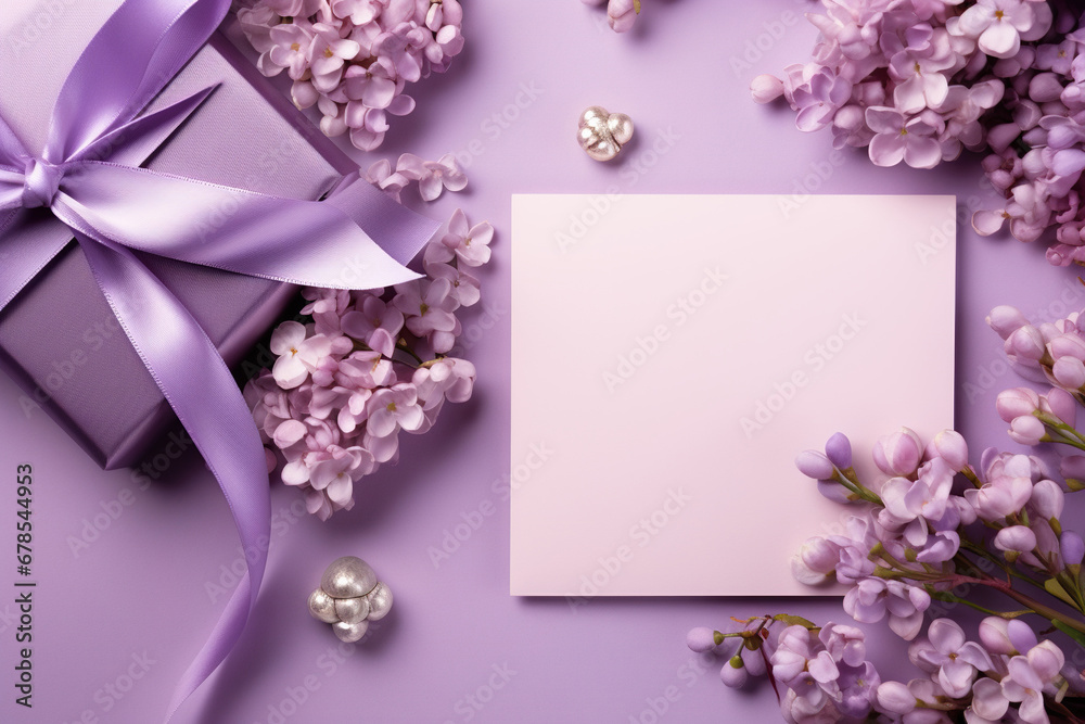 Congratulatory background with lilac branches, a gift and a blank sheet of paper on the table, top view. Card for Mother's Day, March 8, birthday. Generative AI