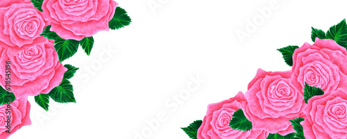 Hand drawn watercolor pink rose banner border isolated on white background. Can be used for banner  decoration and other printed products.