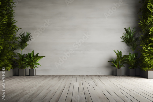 Empty white room with plants and trees on a concrete floor grey