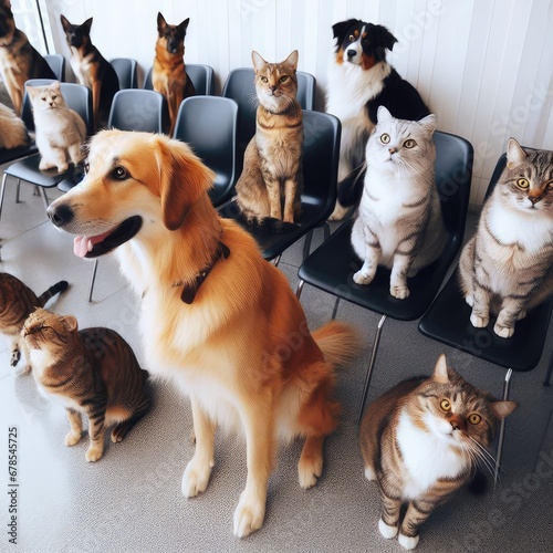 photo of dogs cats and other home animals sitting on chairs waiting in a queue to pets clinic