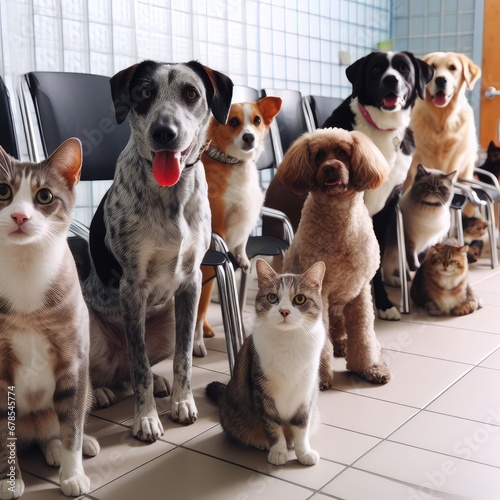 photo of dogs cats and other home animals sitting on chairs waiting in a queue to pets clinic