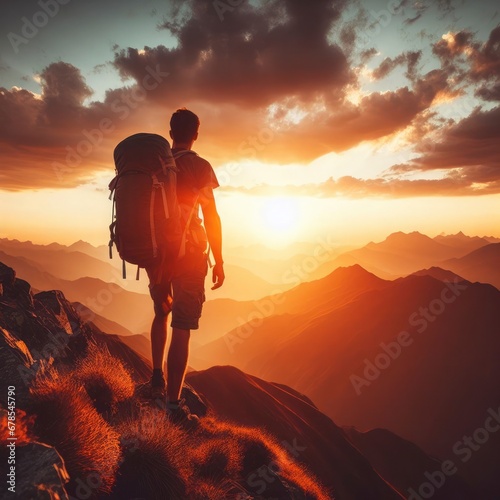 Man with backpack on the top of the mountain at sunset - Success, sport and personal growth concept. Generative AI