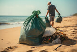 The shot of a group of environmentalists and volunteer people with plastic bags collecting trash and cleaning the beach. Generative AI.