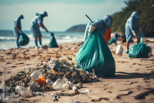 The shot of a group of environmentalists and volunteer people with plastic bags collecting trash and cleaning the beach. Generative AI.